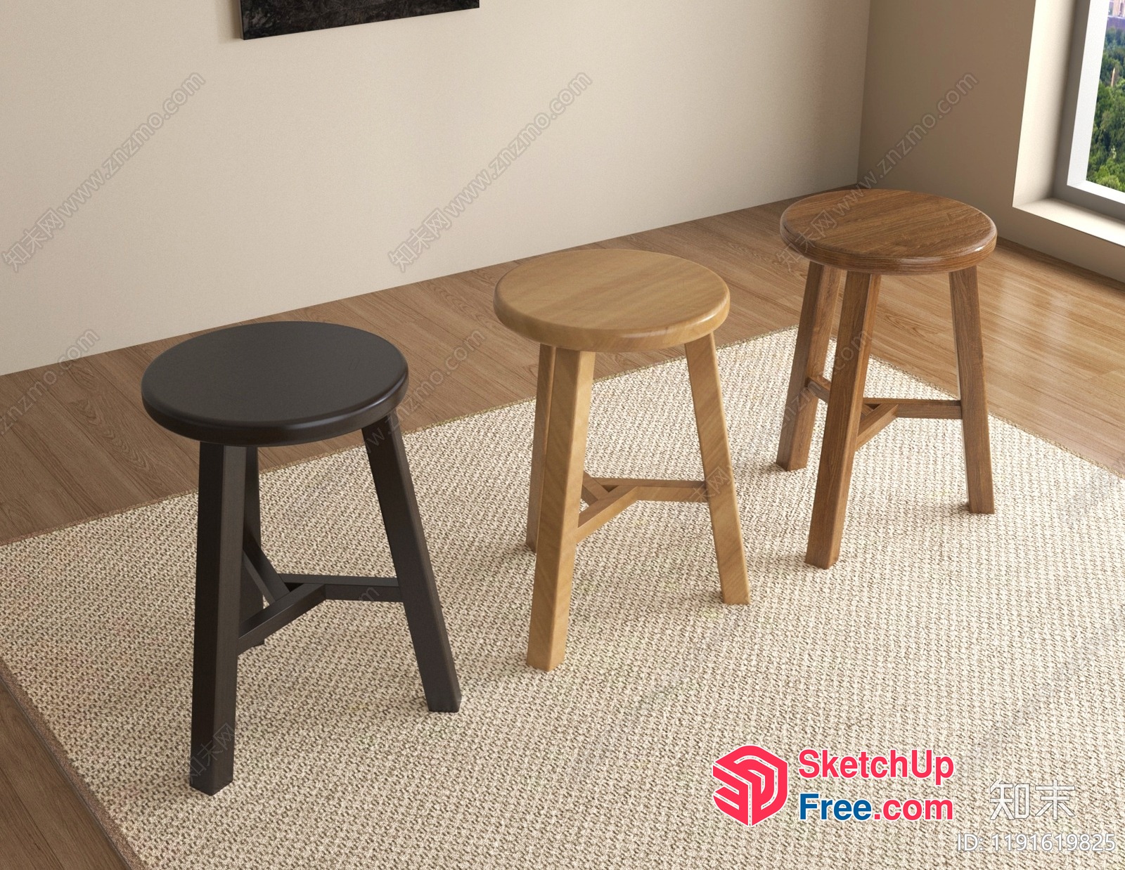 Three Wooden Stools On A Rug 3D SketchUp File