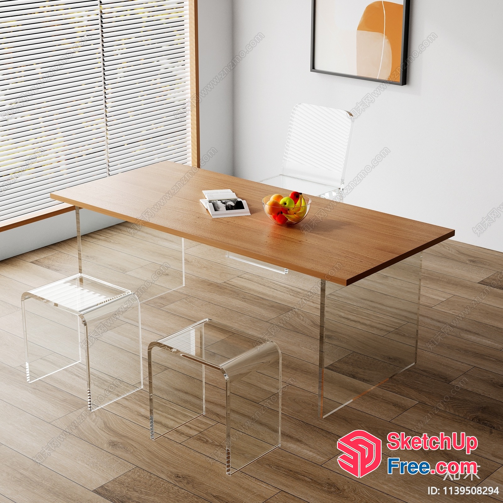 Modern Minimalist Office Space With Wooden Table And Clear Stools 3D SketchUp File