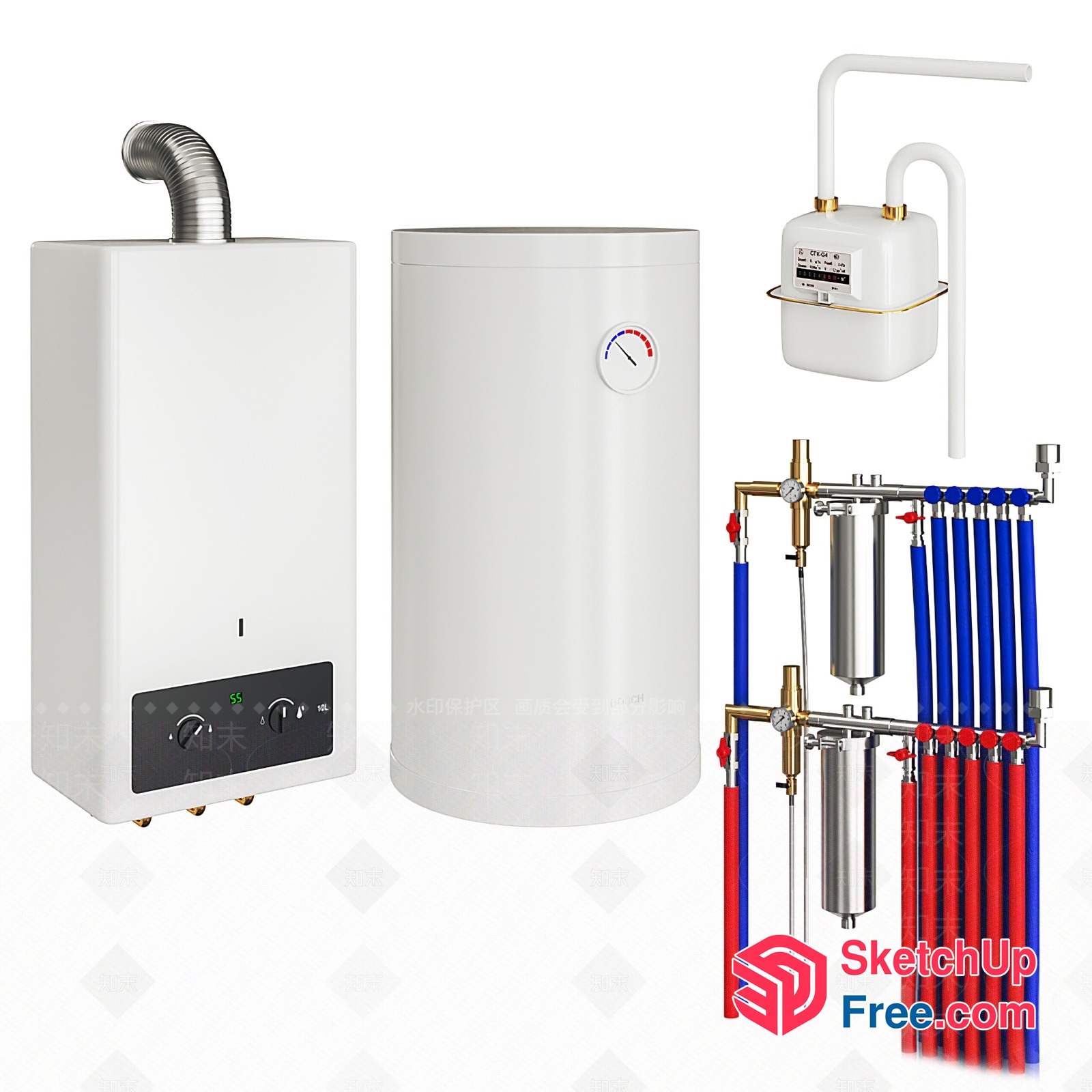 Water Heater System With Gas Boiler And Water Supply 3D SketchUp File