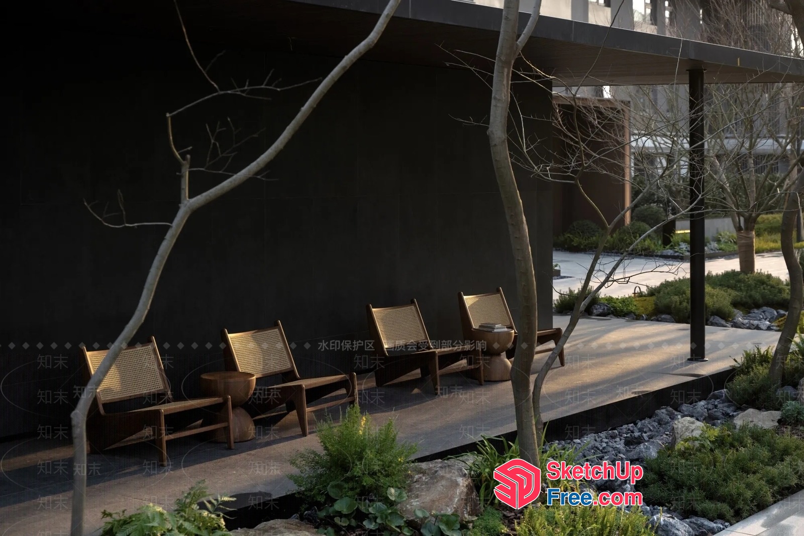 Modern Outdoor Seating Area With Natural Elements 3D SketchUp File