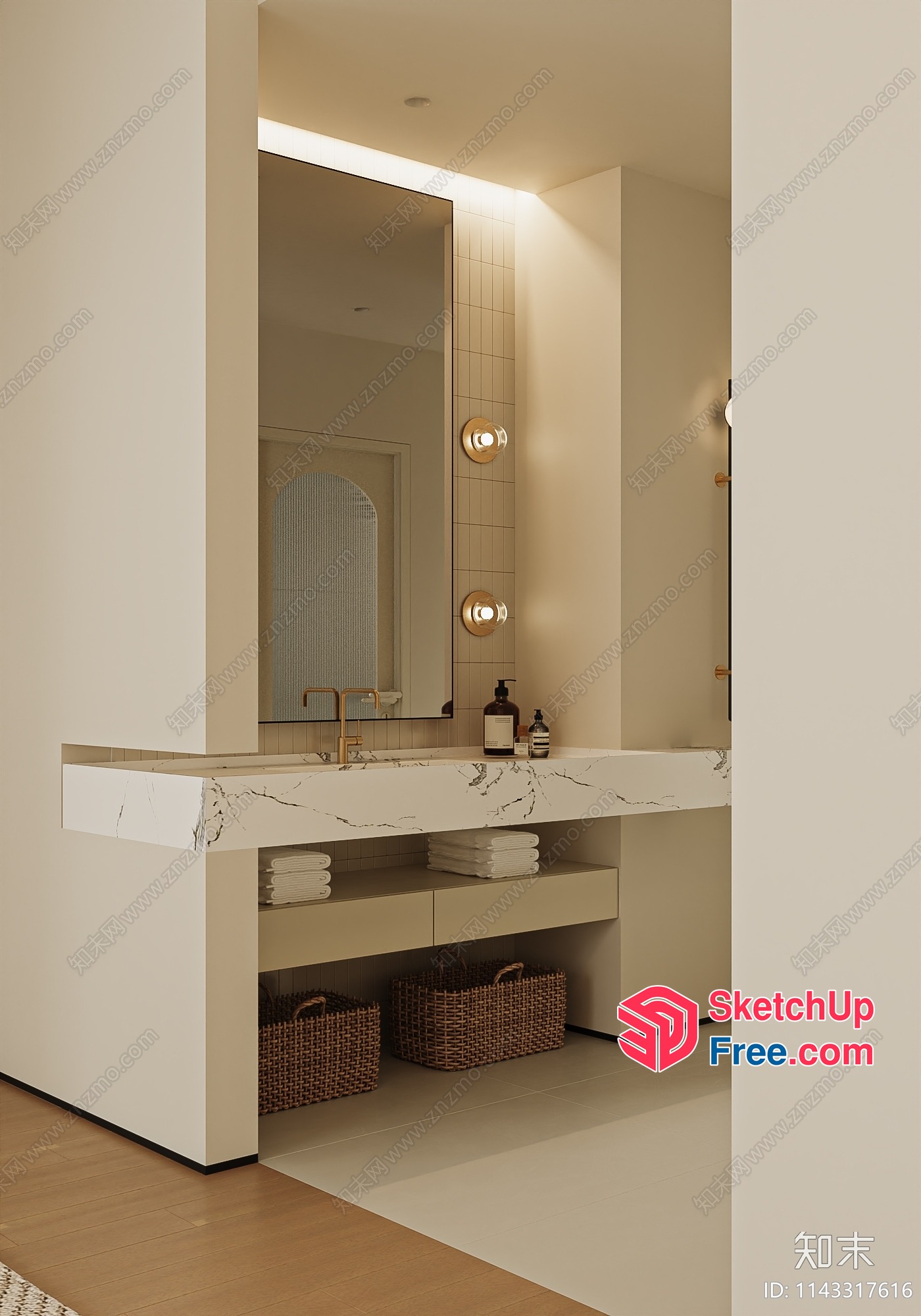 Modern Bathroom With Marble Countertop And Large Mirror 3D SketchUp File