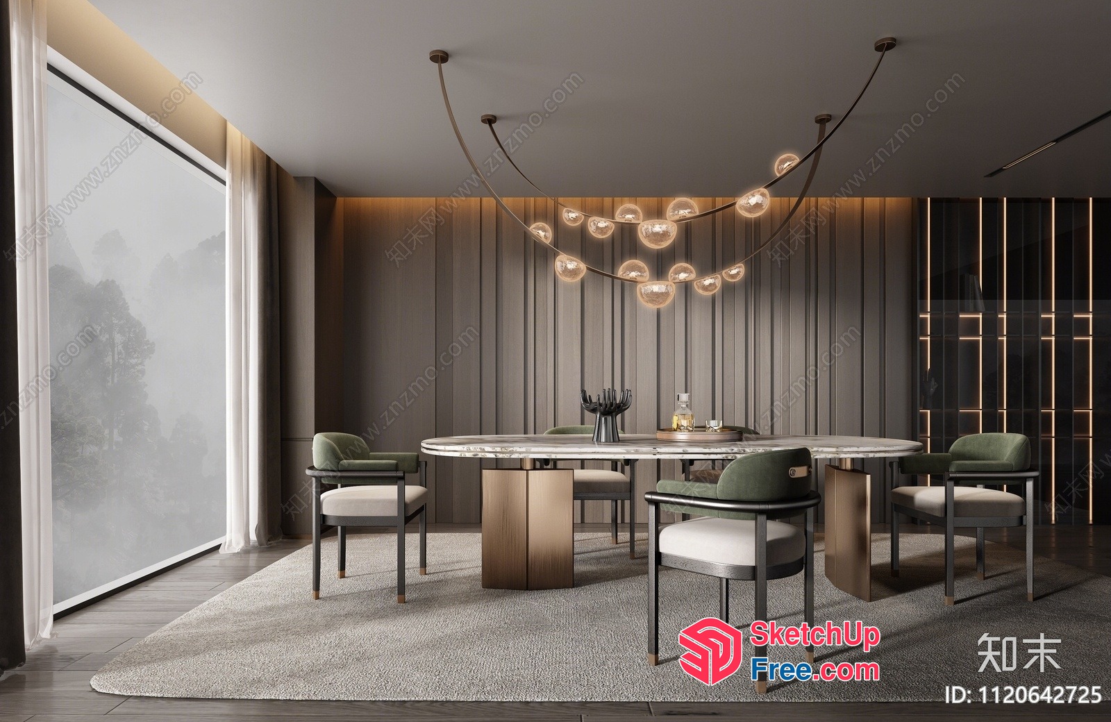 Modern Dining Room With Marble Table And Green Chairs 3D SketchUp File