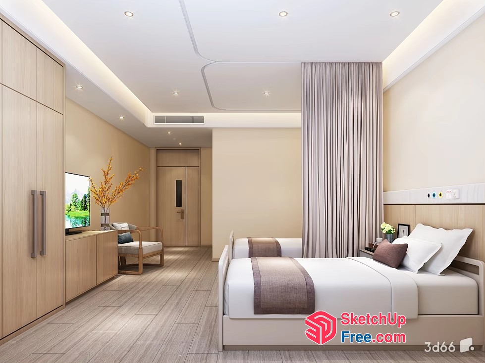 Modern Minimalist Bedroom With Two Beds And Tv 3D SketchUp File