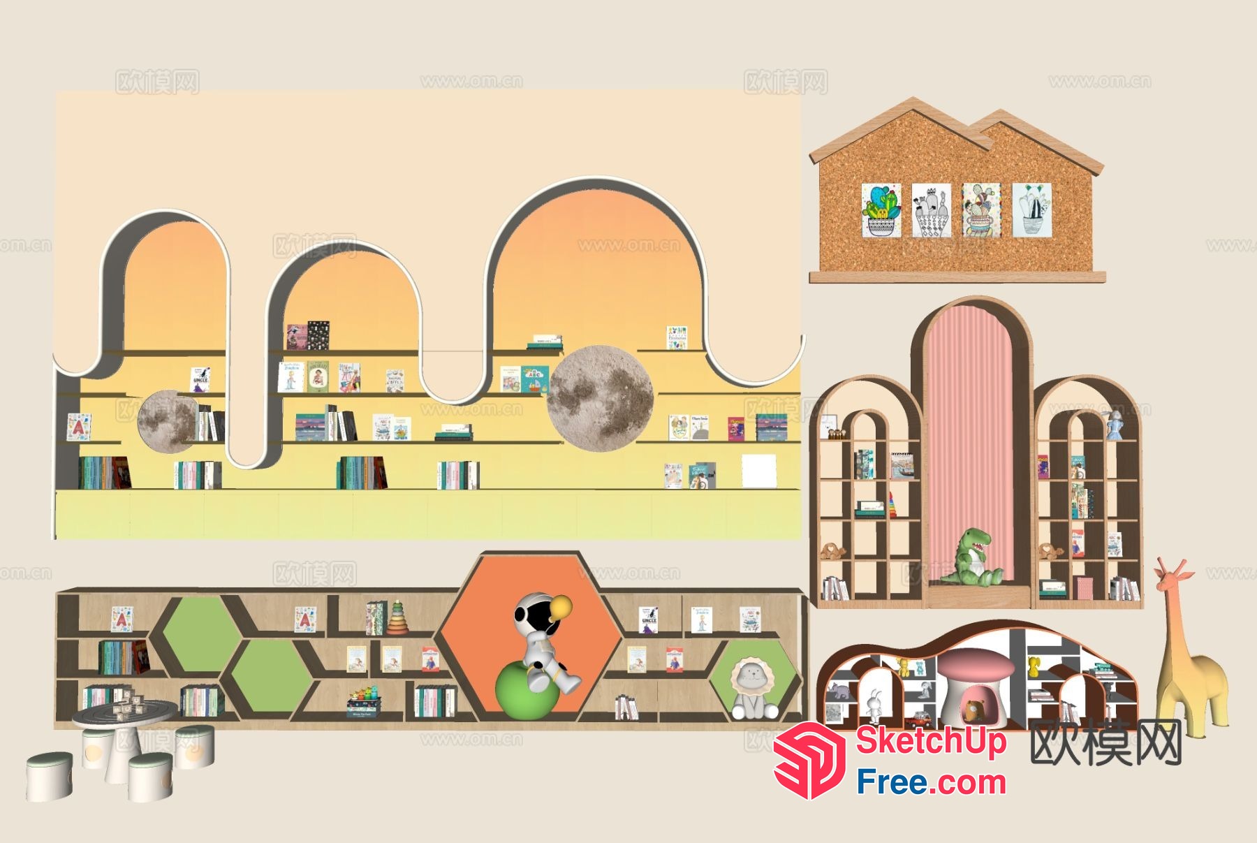 Colorful Bookshelf And Decorative Elements 3D SketchUp File