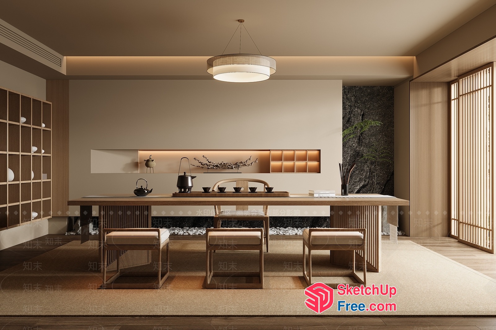 Elegant Japanese-Inspired Dining Room With Natural Wood Accents 3D SketchUp File