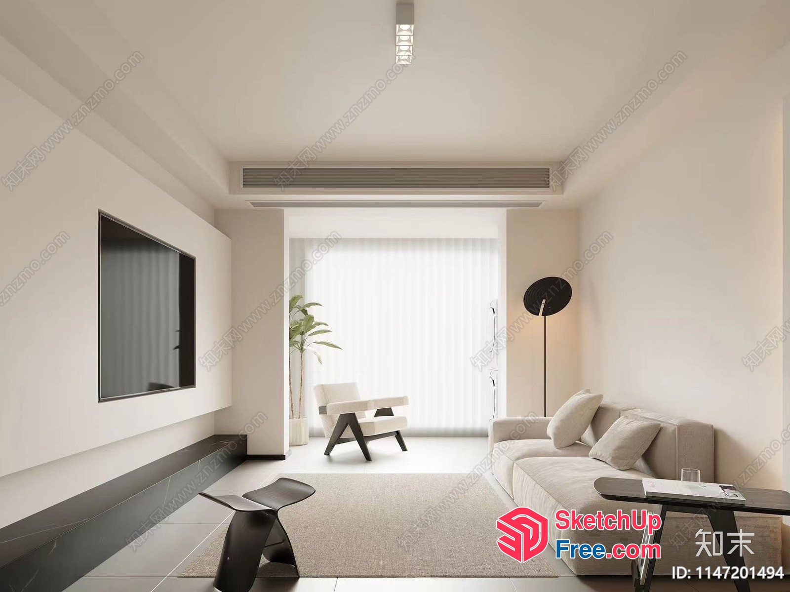 Minimalist Style Living Room With Creamy Color Scheme 3D SketchUp File