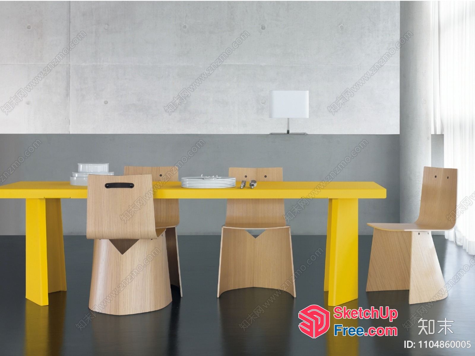 Modern Minimalist Dining Room With Yellow Table And Light Wood Chairs 3D SketchUp File