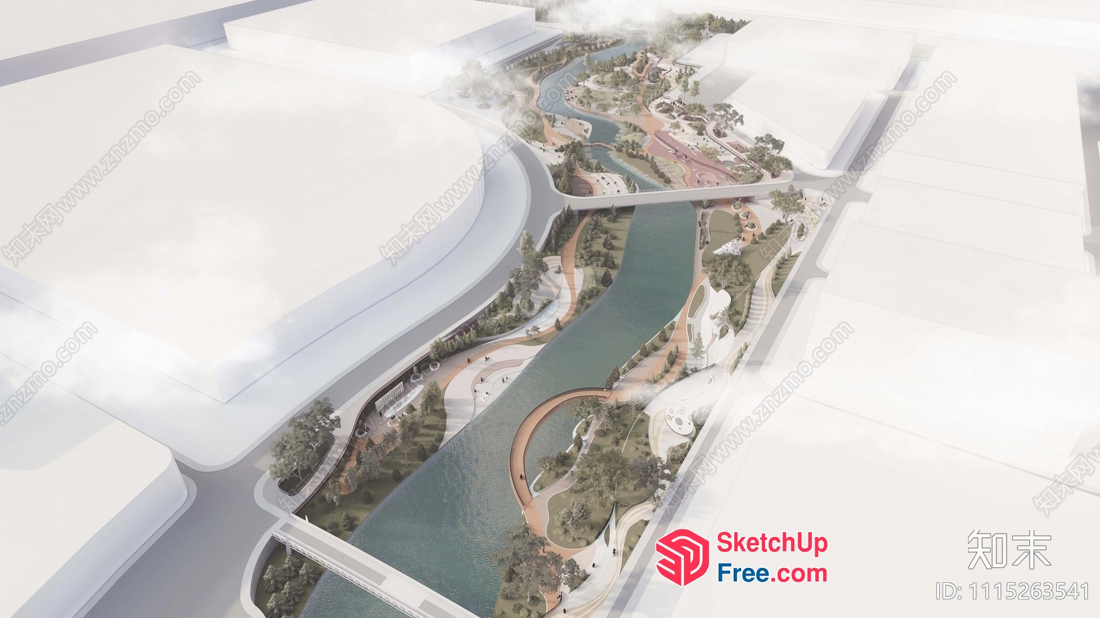 Futuristic Waterfront Park With Curved Pathways And Water Features 3D SketchUp File