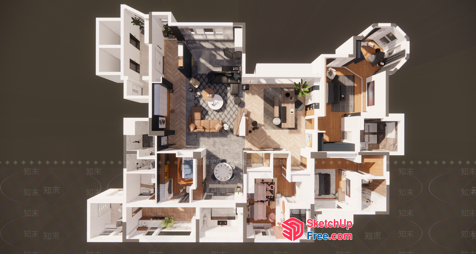 Modern Apartment Living Room With Kitchen And Dining Area 3D SketchUp File