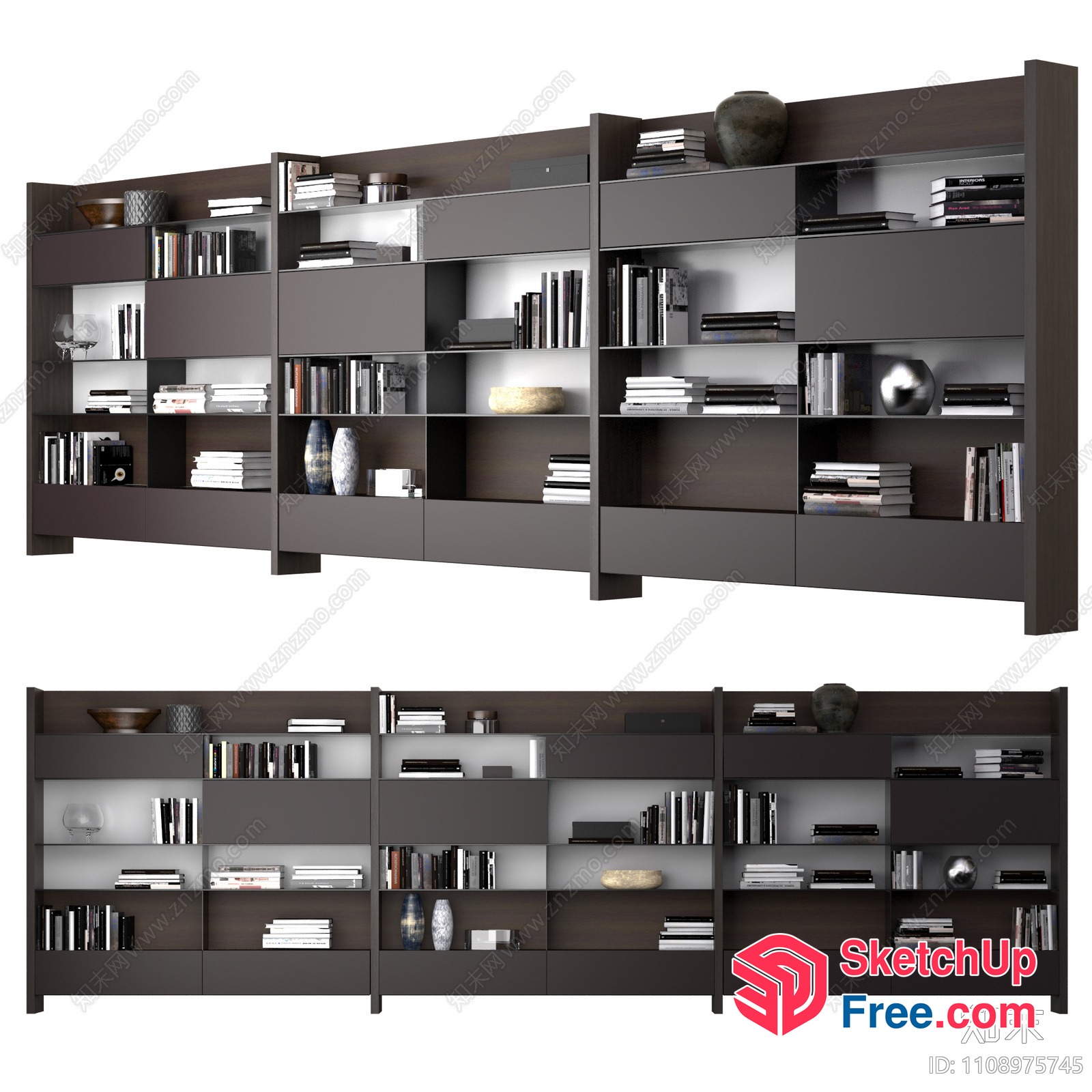 Modern Bookcase With Decorative Vases And Books 3D SketchUp File