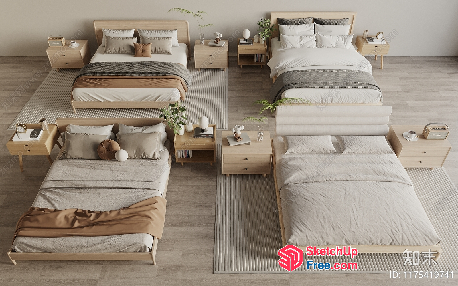 Five Matching Bedrooms With Minimalist Furniture 3D SketchUp File