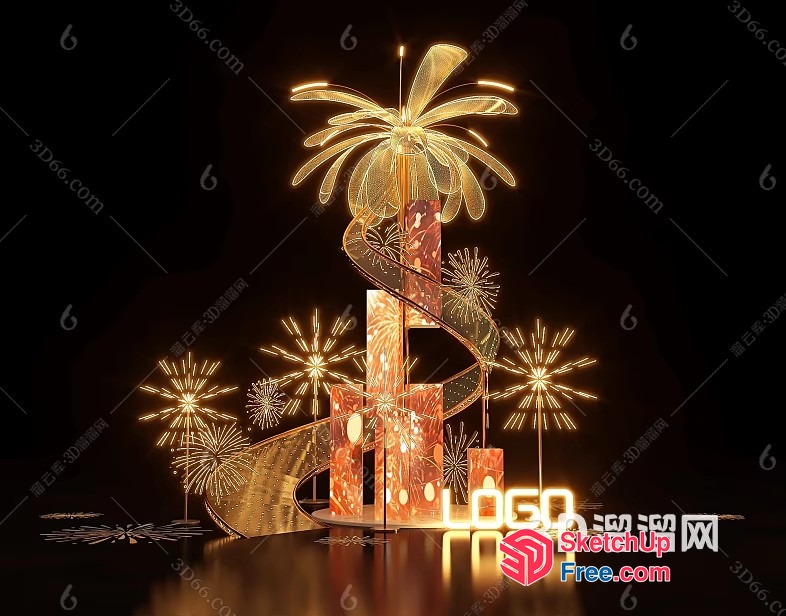 Gold Palm Tree Stairway With Fireworks 3D SketchUp File