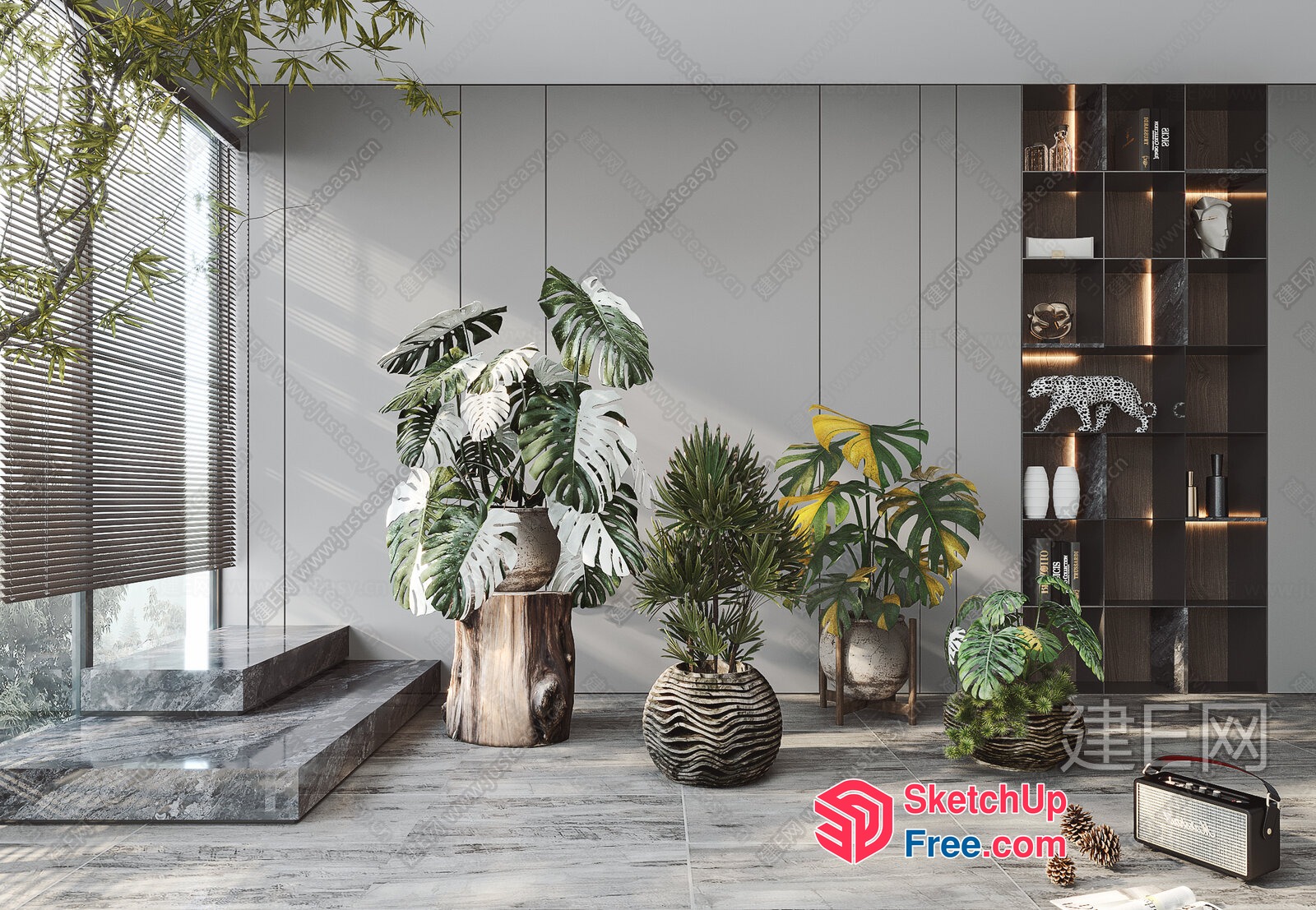 Modern Tropical Interior With Potted Plants And Wood Accents 3D SketchUp File
