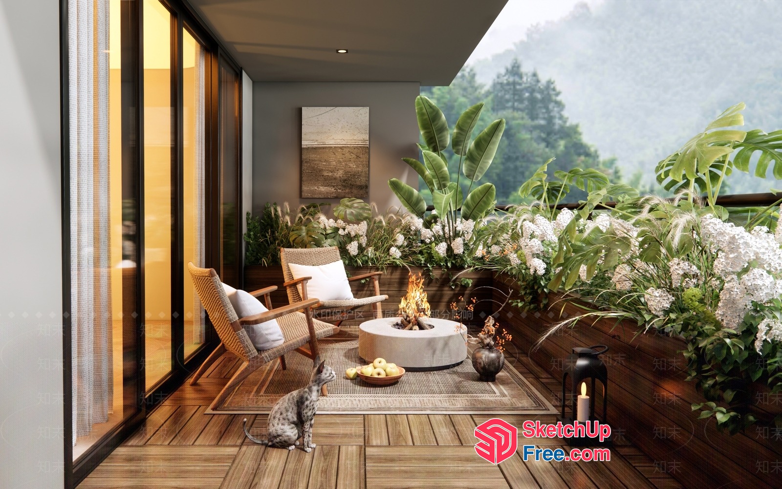 Cozy Balcony With Fireplace And Natural Wood Flooring 3D SketchUp File