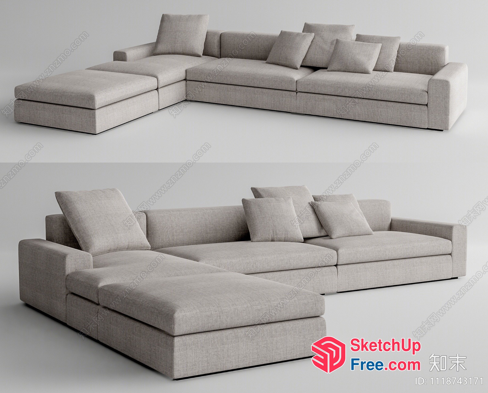 Modern L-Shaped Sectional Sofa With Pillows 3D SketchUp File