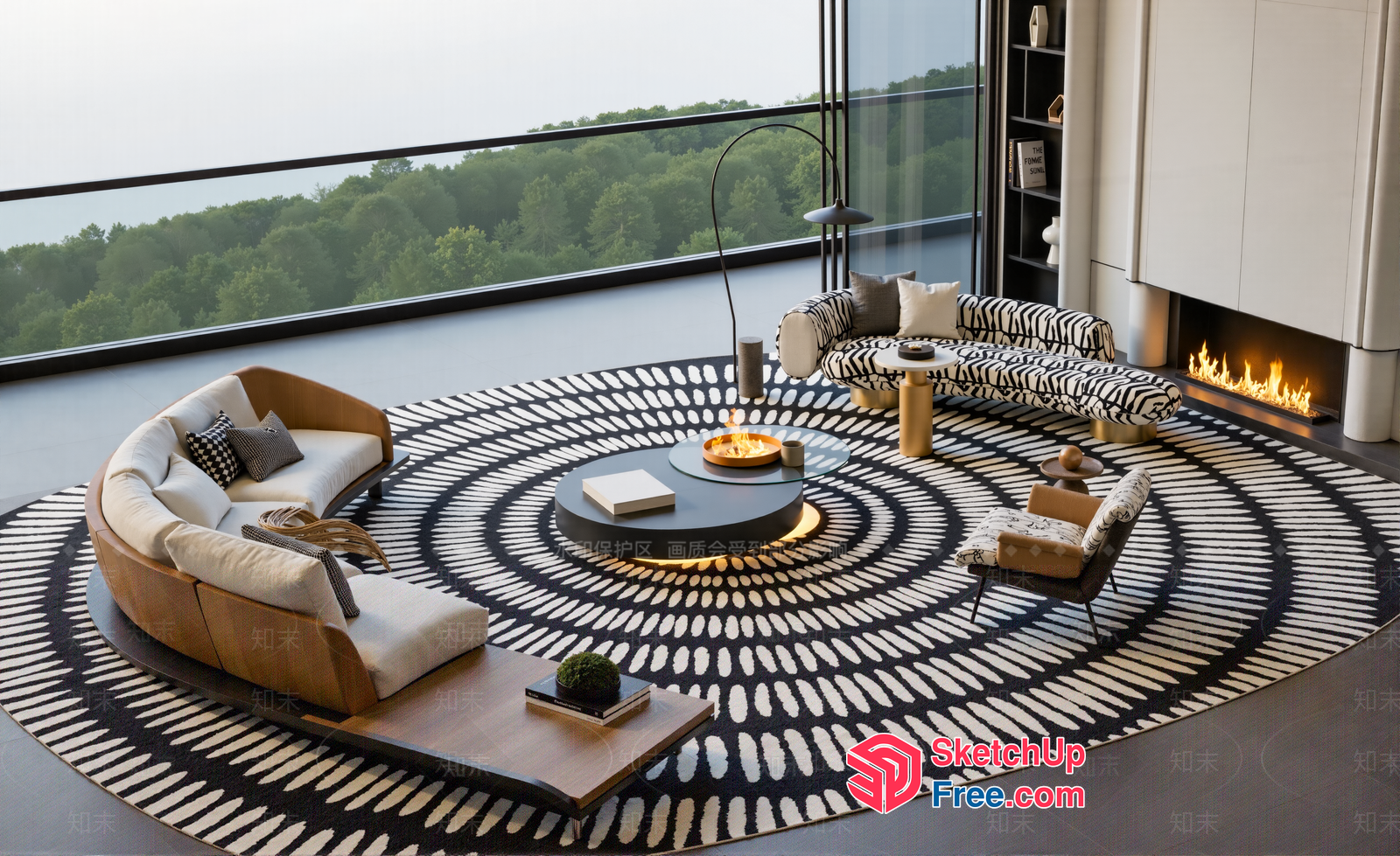 Modern Living Room With Spiral Rug And Fireplace 3D SketchUp File