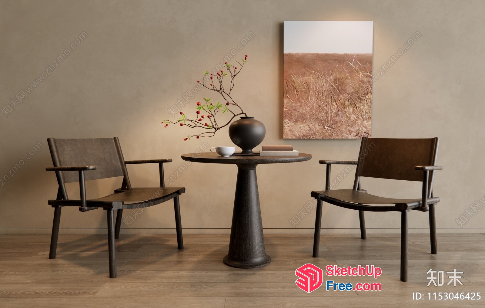 Simple Modern Japanese Style Living Room With Two Chairs And Small Table 3D SketchUp File