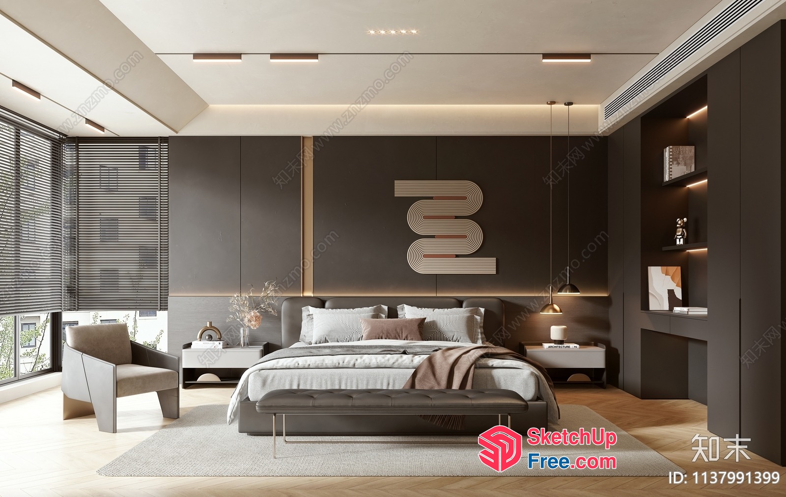 Modern Minimalist Bedroom Interior Design With Dark Accent Wall 3D SketchUp File