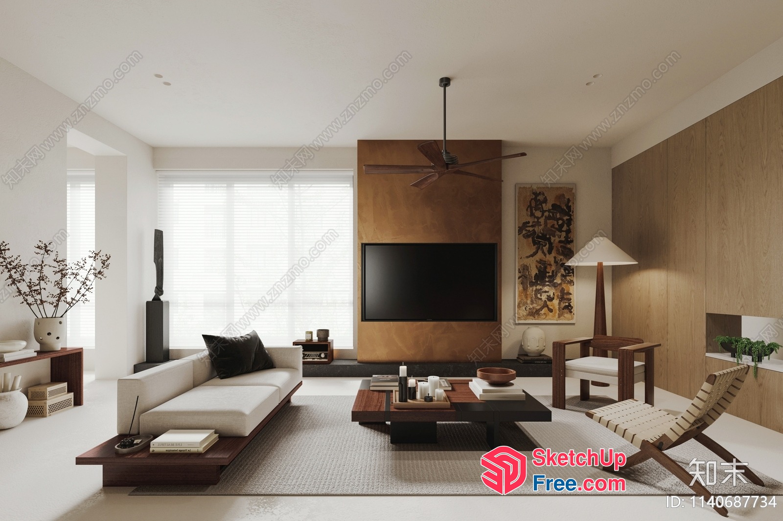 Japanese Style Living Room With Modern Furniture And Natural Wood Accents 3D SketchUp File