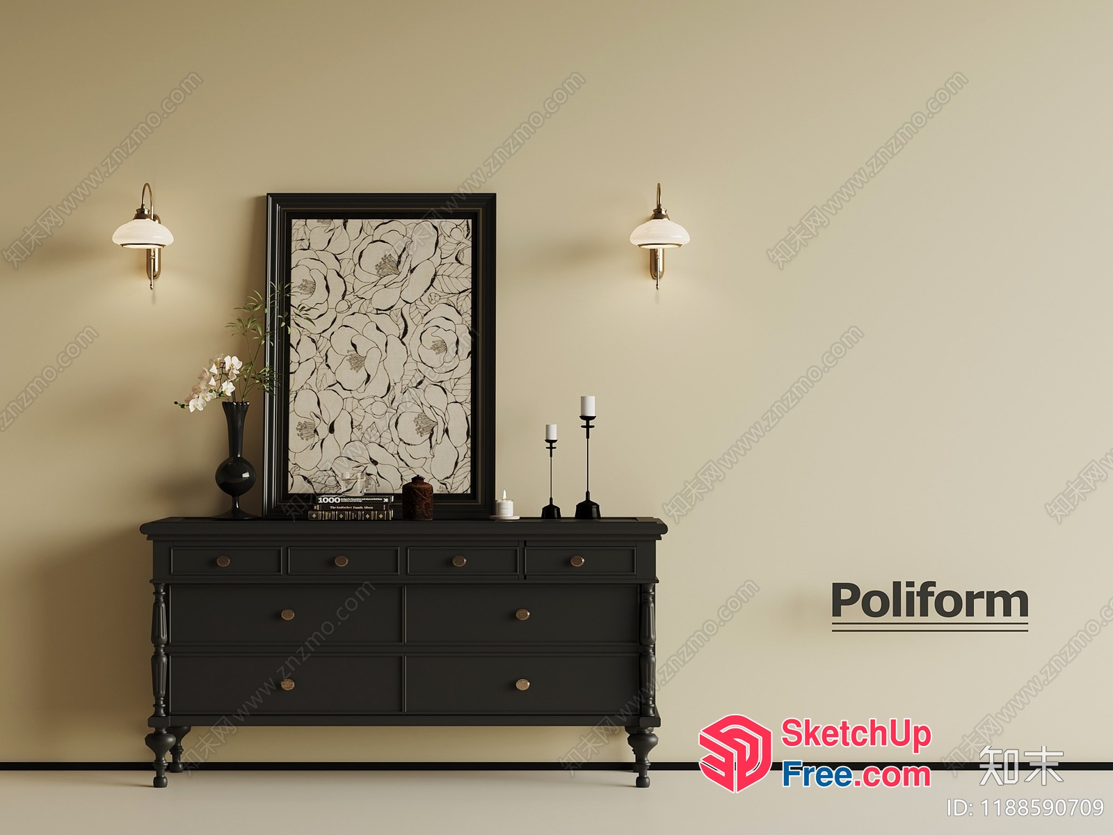 Elegant Black Dresser With Ornate Drawers 3D SketchUp File
