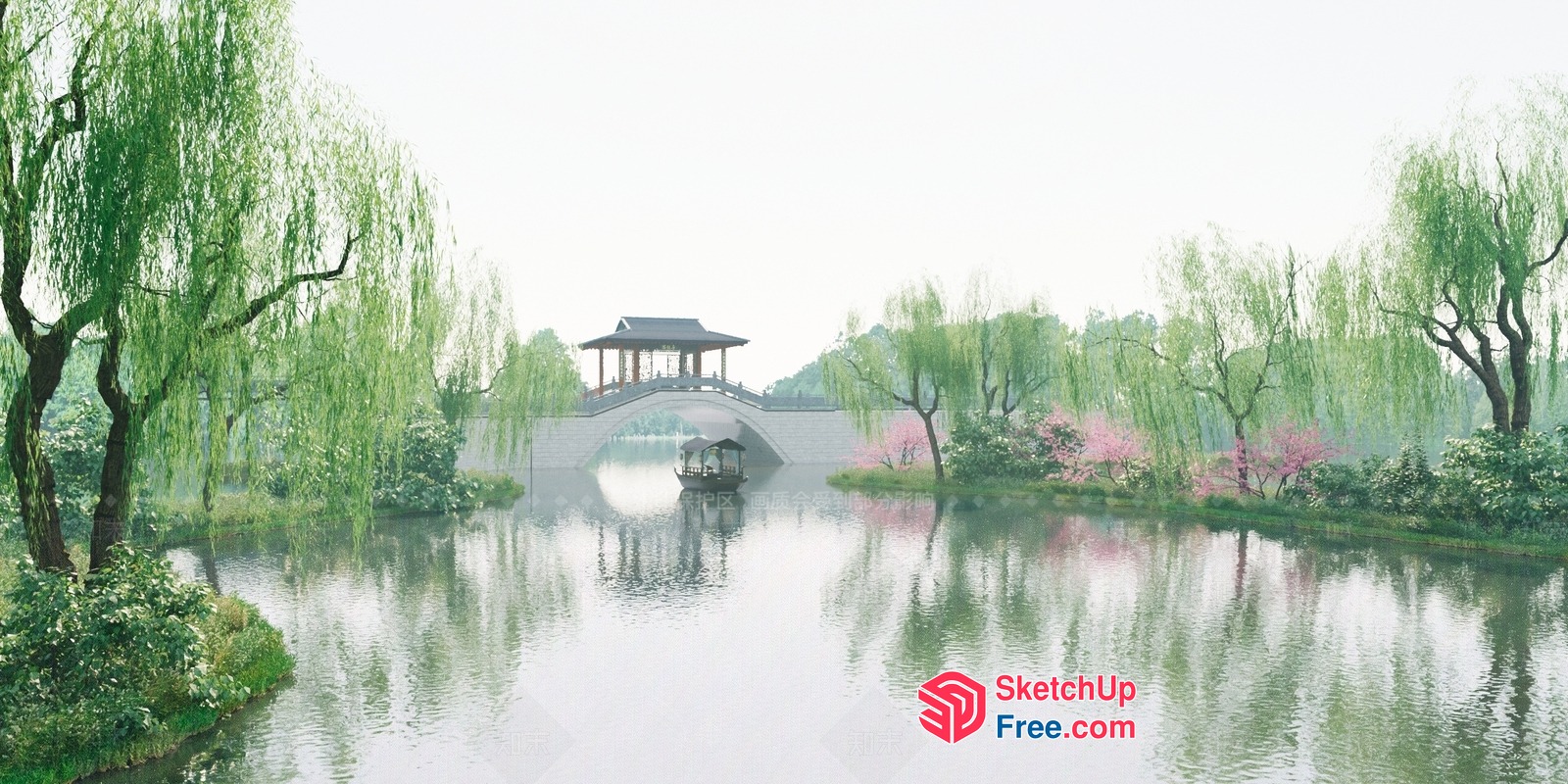 Serene Asian-Inspired Waterfront Scene 3D SketchUp File