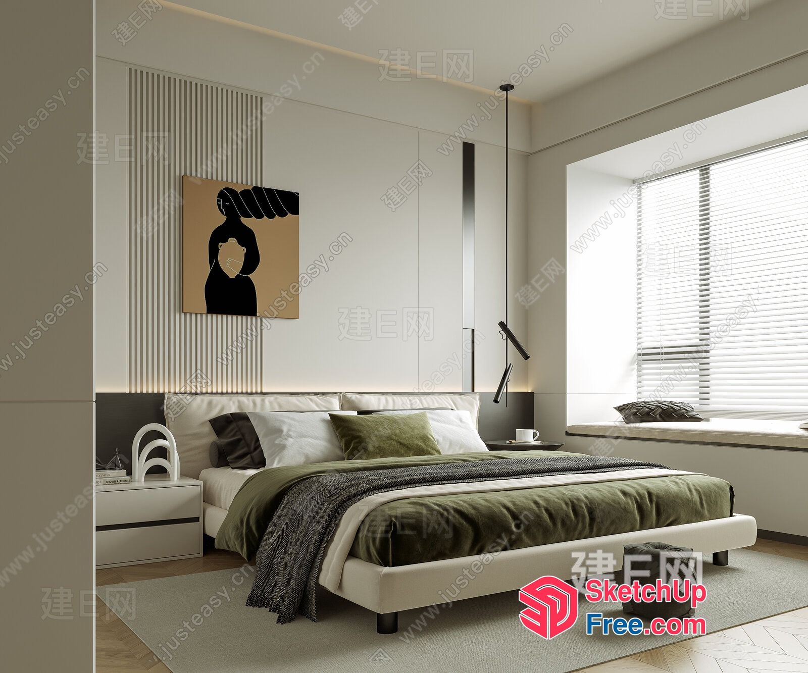 Modern Minimalist Bed Room With White And Green Decor 3D SketchUp File