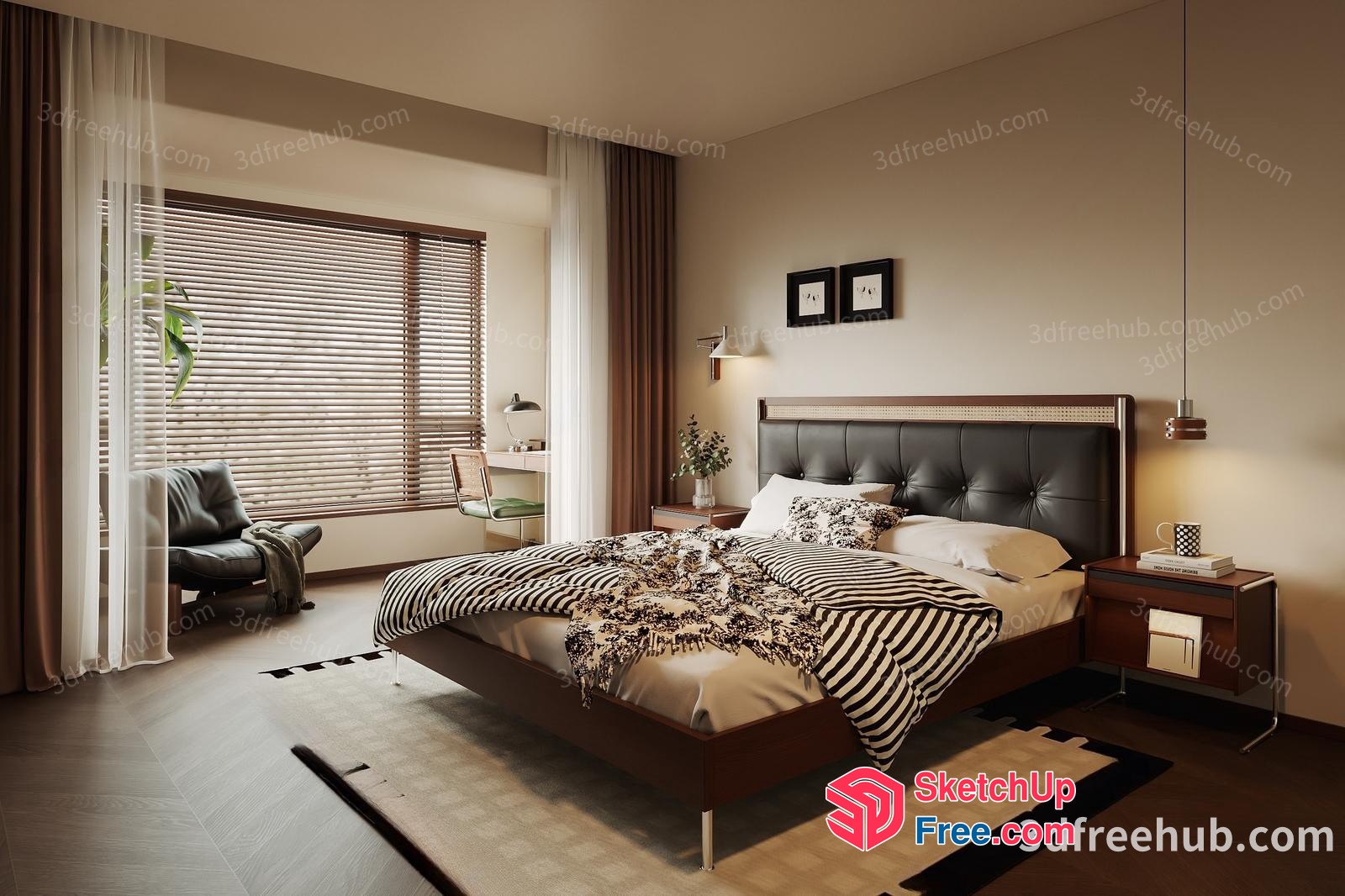 Modern Bedroom Interior With Black And White Striped Bedding 3D SketchUp File