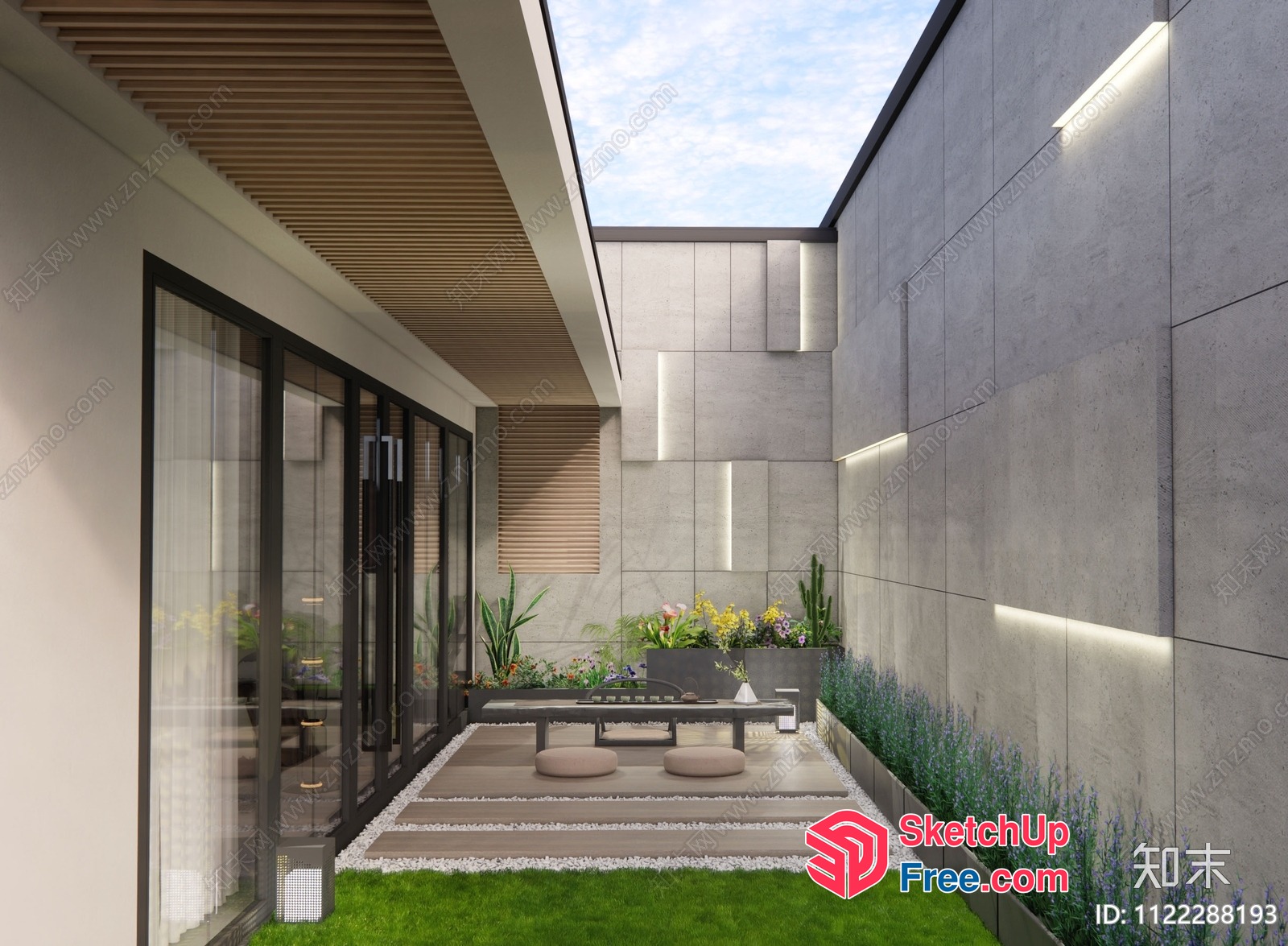 Modern Japanese-Inspired Outdoor Seating Area With Greenery 3D SketchUp File
