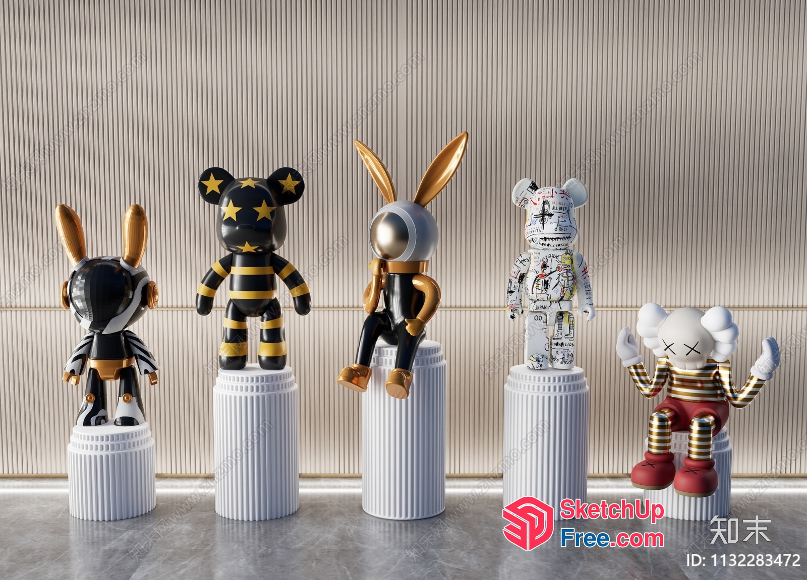 Five Unique Rabbit Statues On Pillars 3D SketchUp File