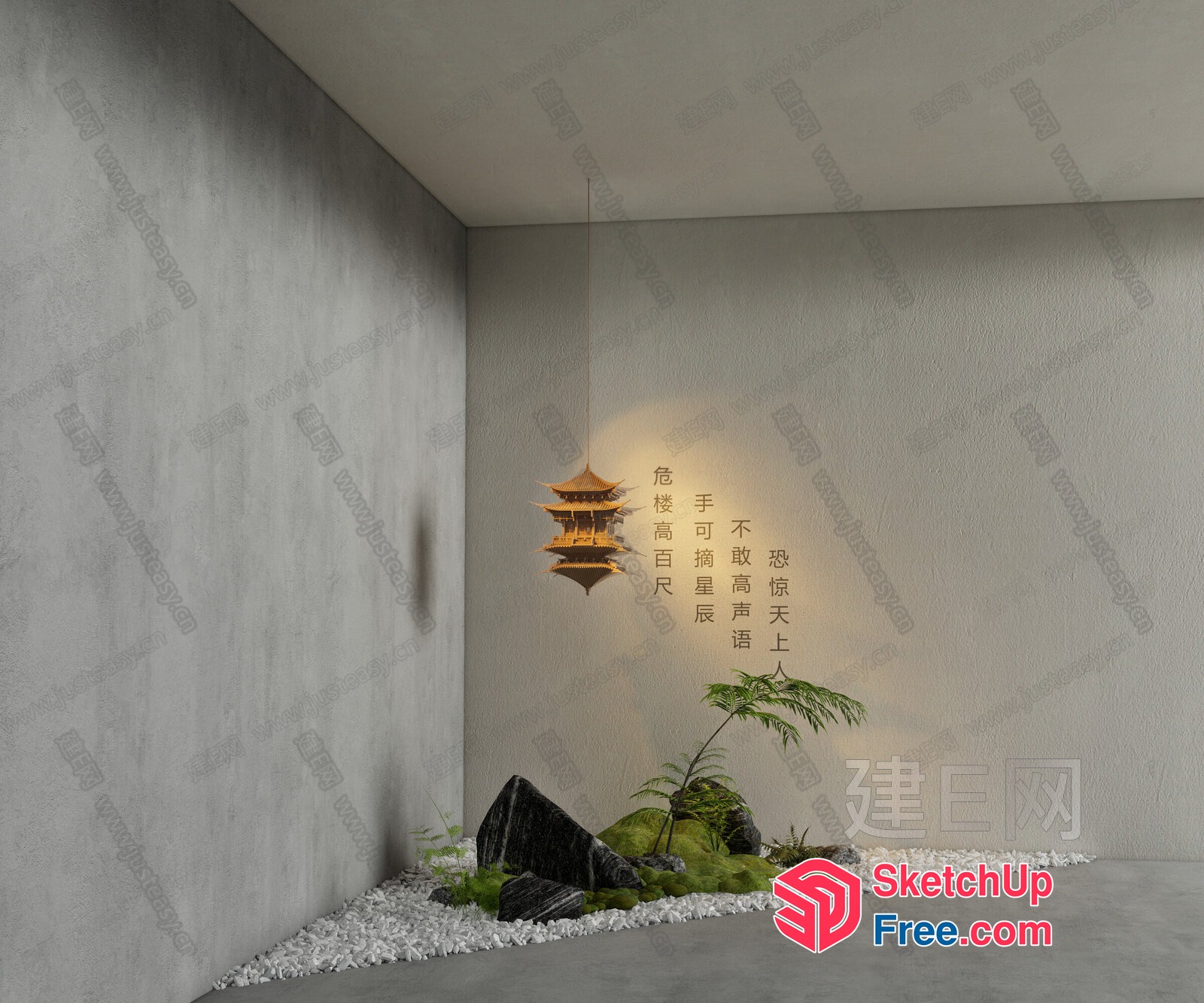 Serene Japanese-Inspired Interior Scene With Lantern And Plants 3D SketchUp File