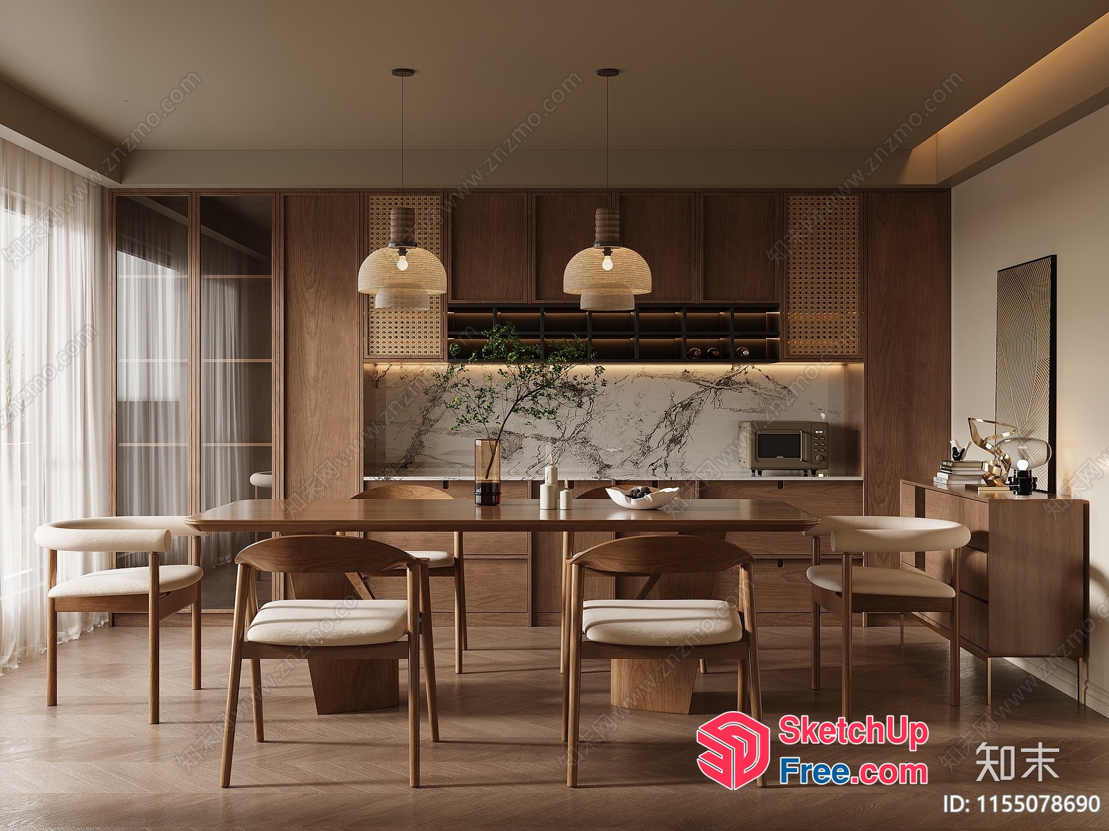 Elegant Modern Dining Room With Wood Furniture And Marble Backsplash 3D SketchUp File
