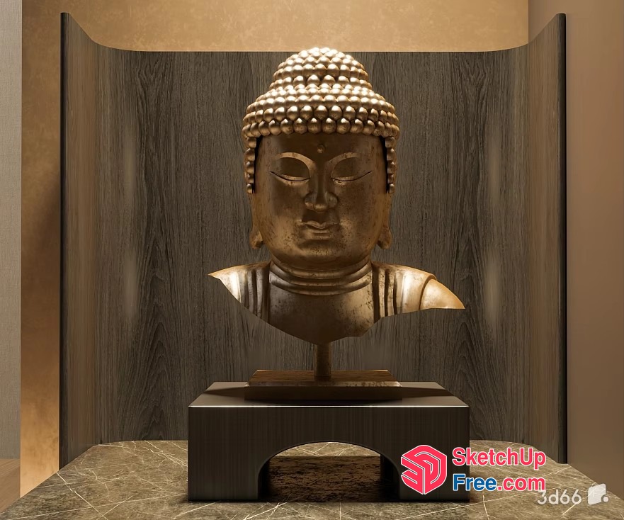 Antique Buddha Head Sculpture On Pedestal 3D SketchUp File