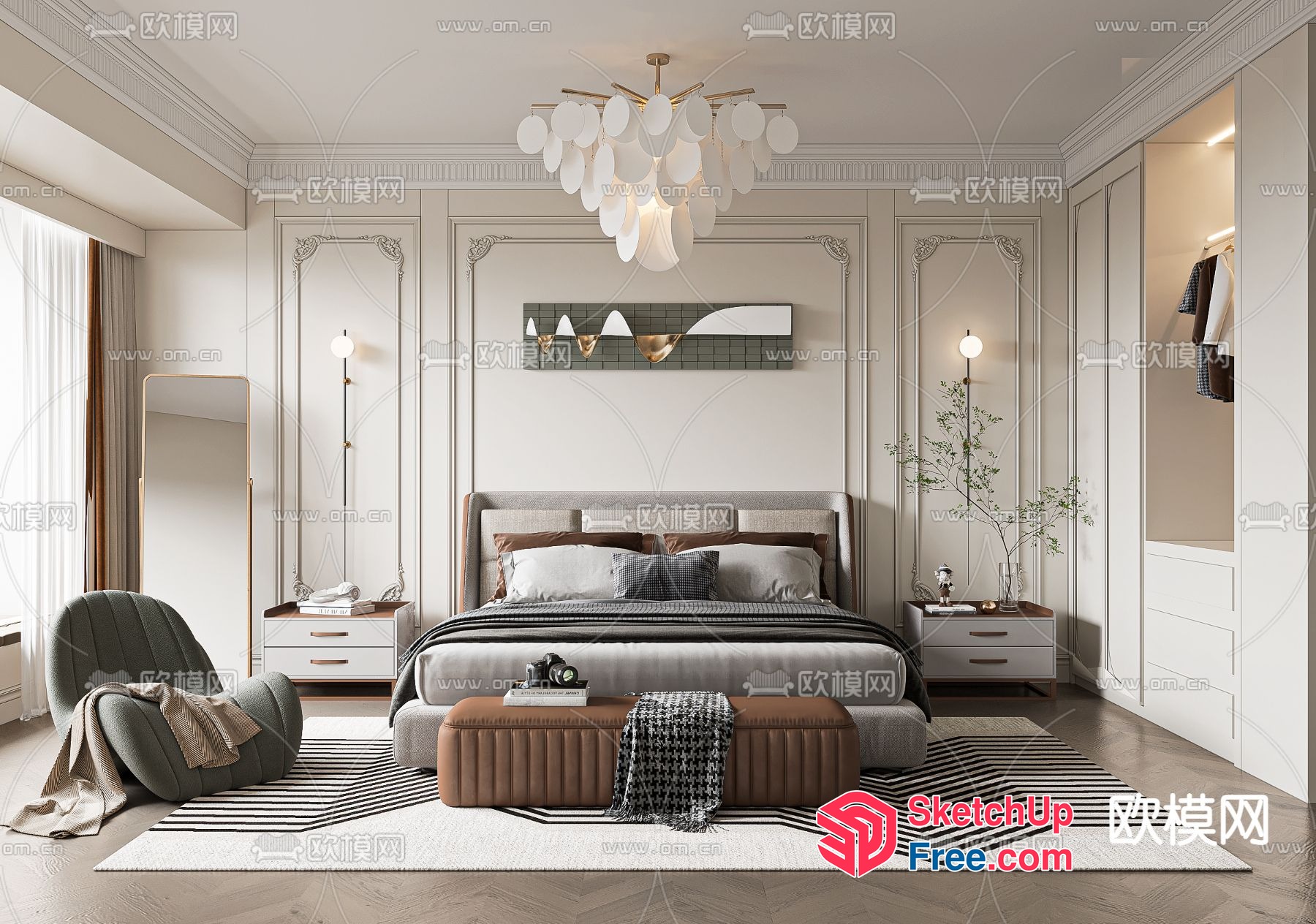 Elegant Modern Bedroom With Classic Moulding 3D SketchUp File
