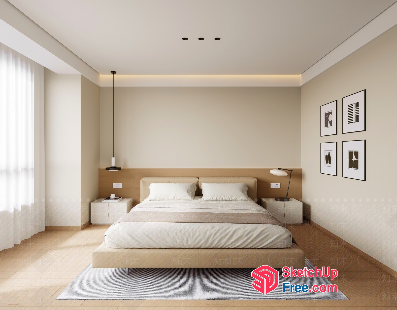 Minimalist Bed Room With Creamy Style And Pillars 3D SketchUp File