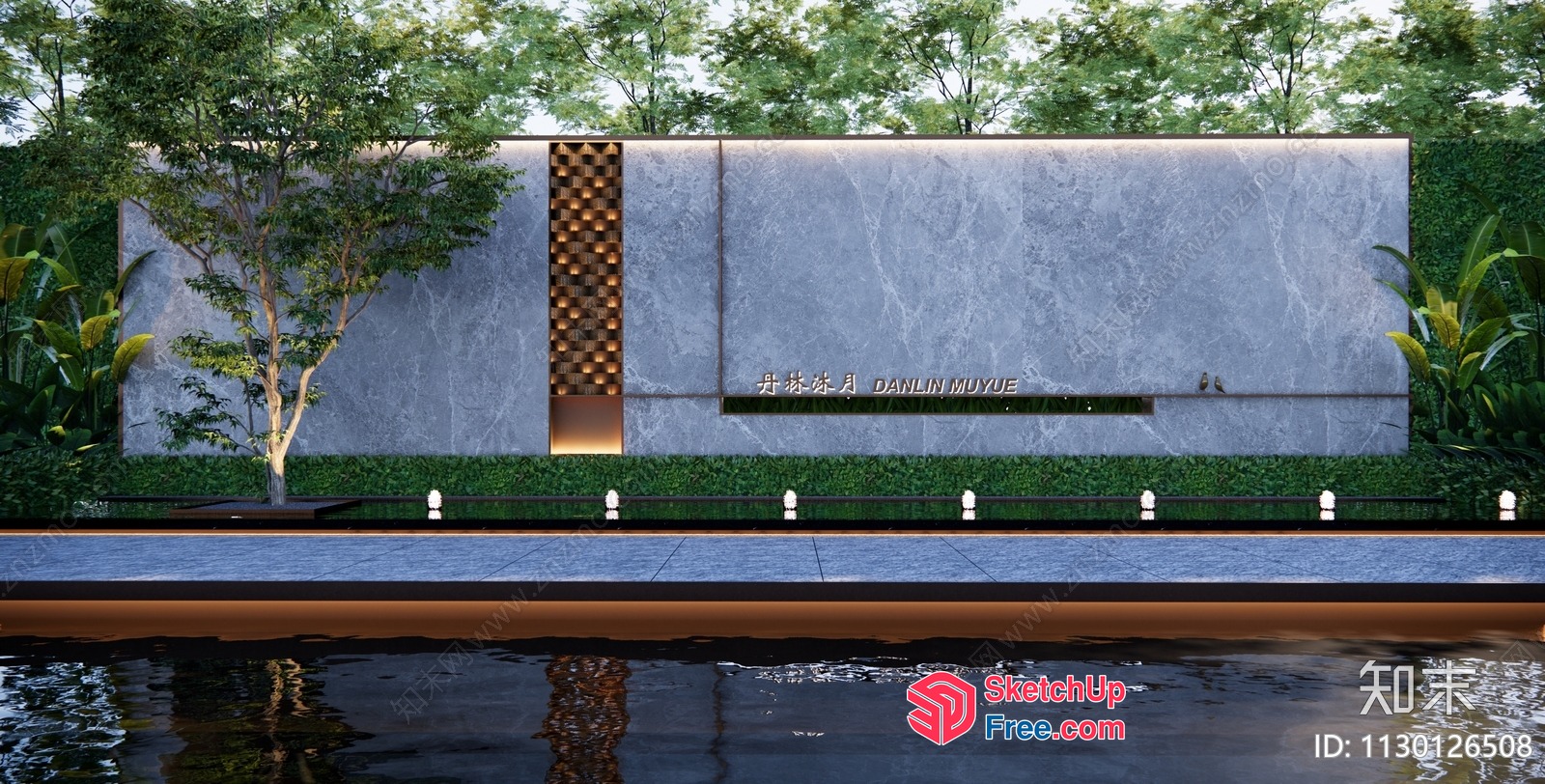 A Large Building With A Water Feature And Trees 3D SketchUp File