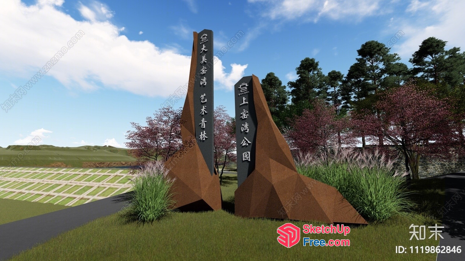 Rustic Japanese-Inspired Pillars In A Serene Landscape 3D SketchUp File