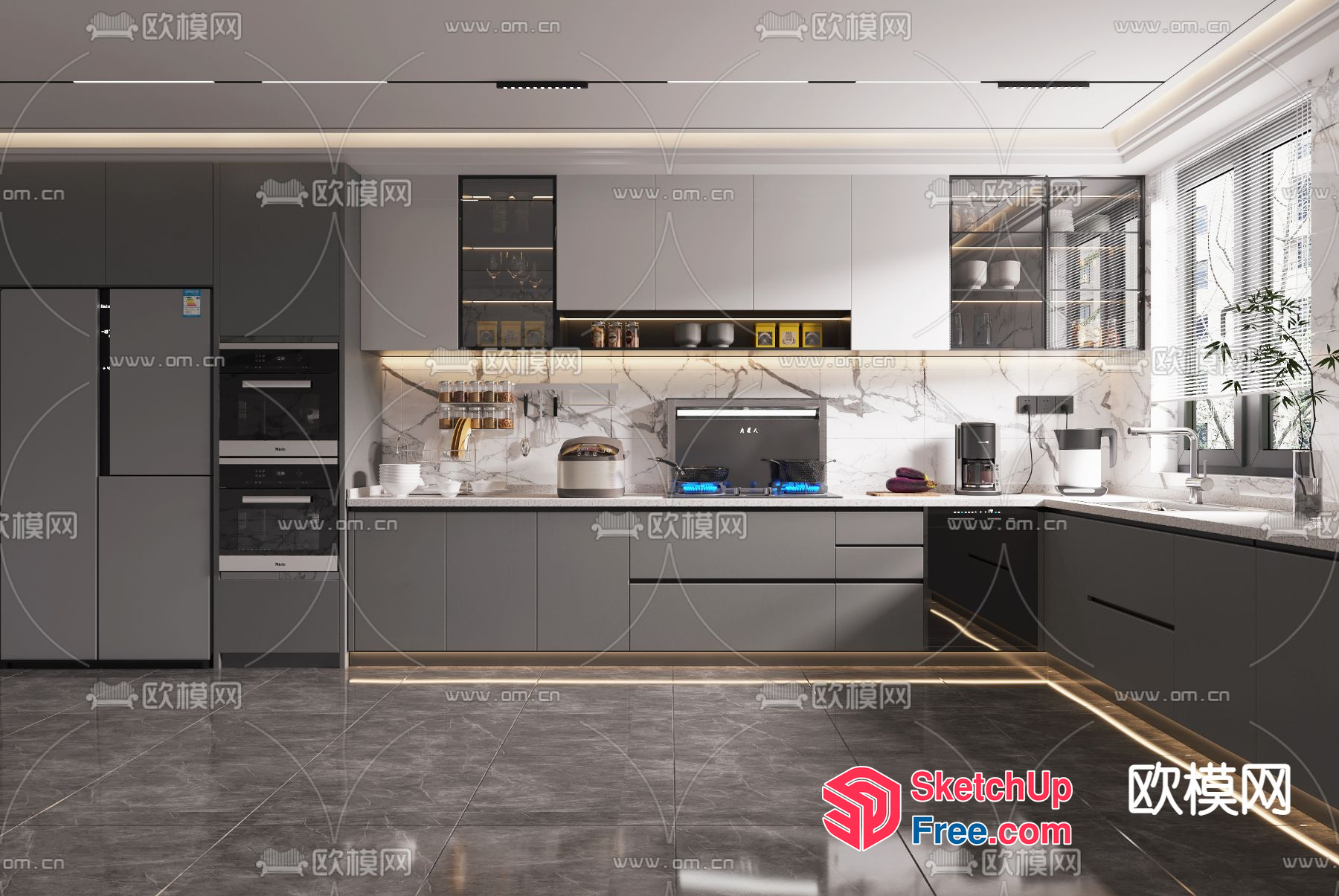 Modern Kitchen With Grey Cabinets And White Countertops 3D SketchUp File