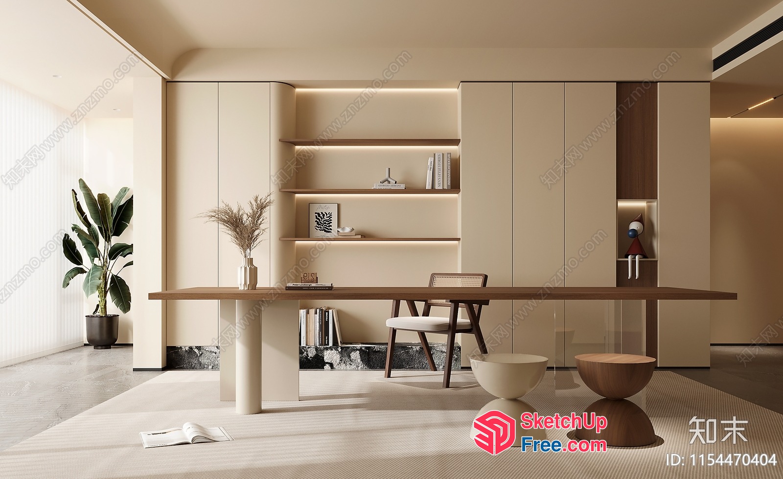 Minimalist Office Interior With Creamy Style And Wooden Accents 3D SketchUp File