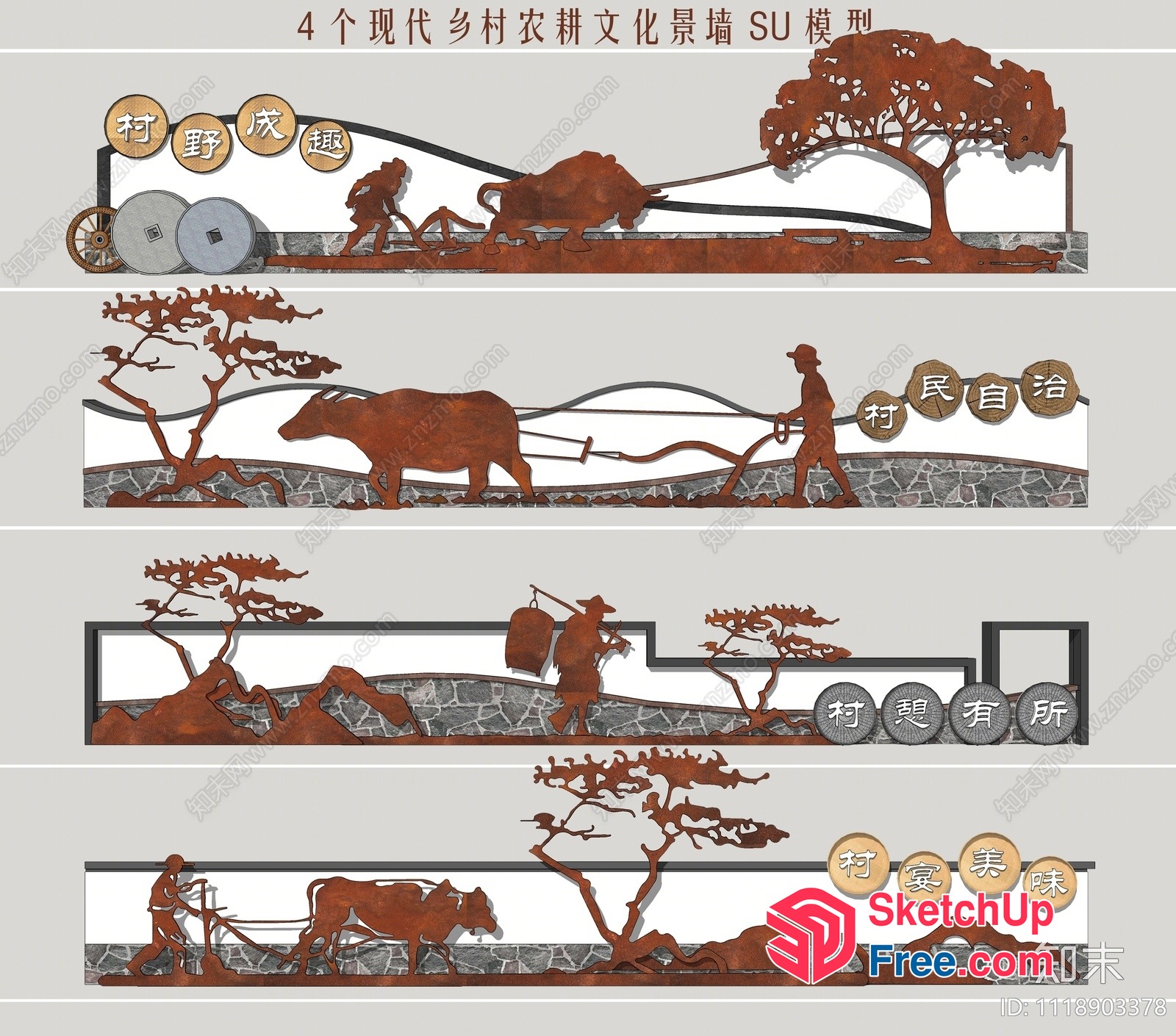 Rustic Farming Scene With Oxen And Trees 3D SketchUp File