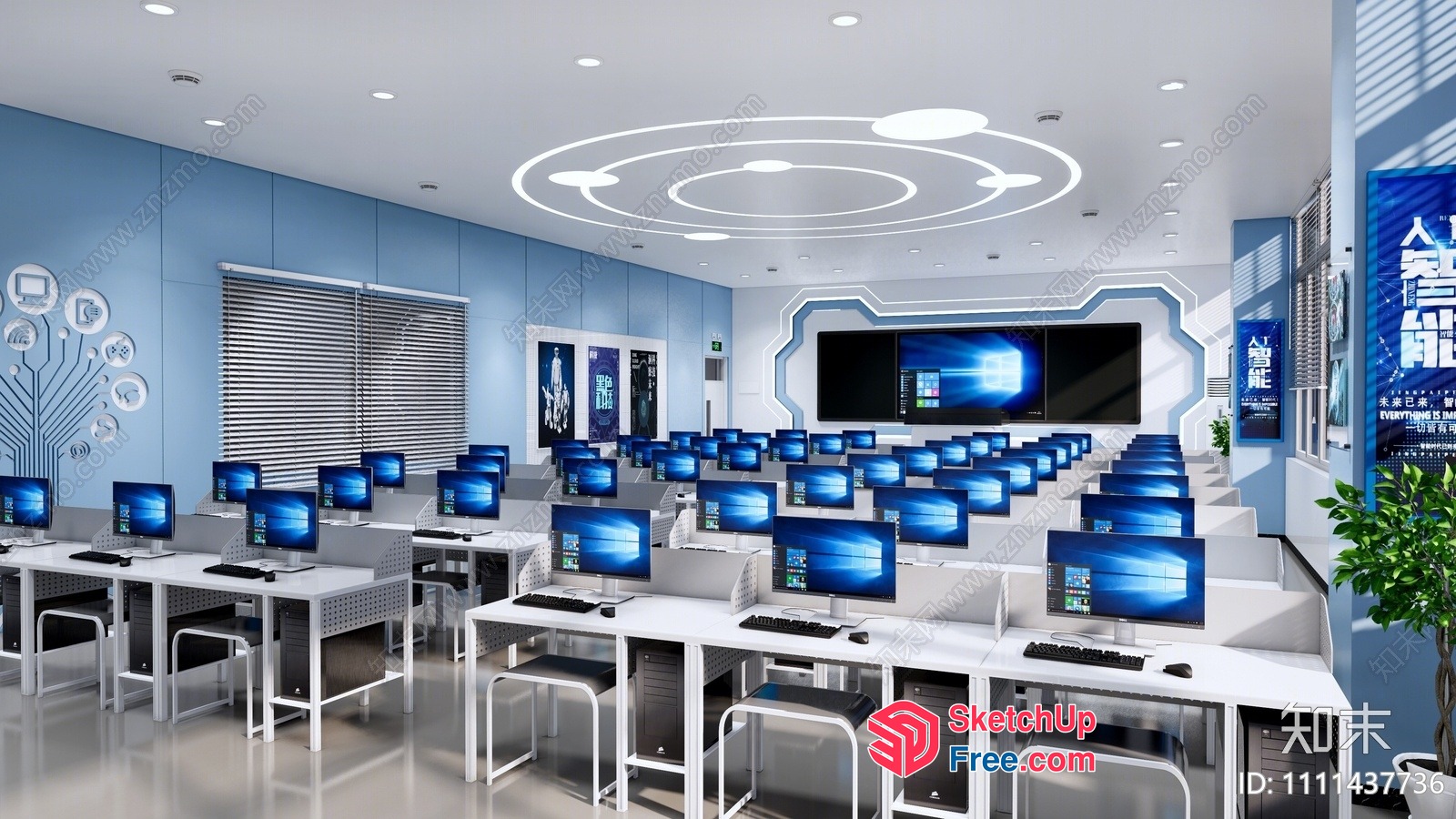 Computer Workstation Room With Blue And White Decor 3D SketchUp File