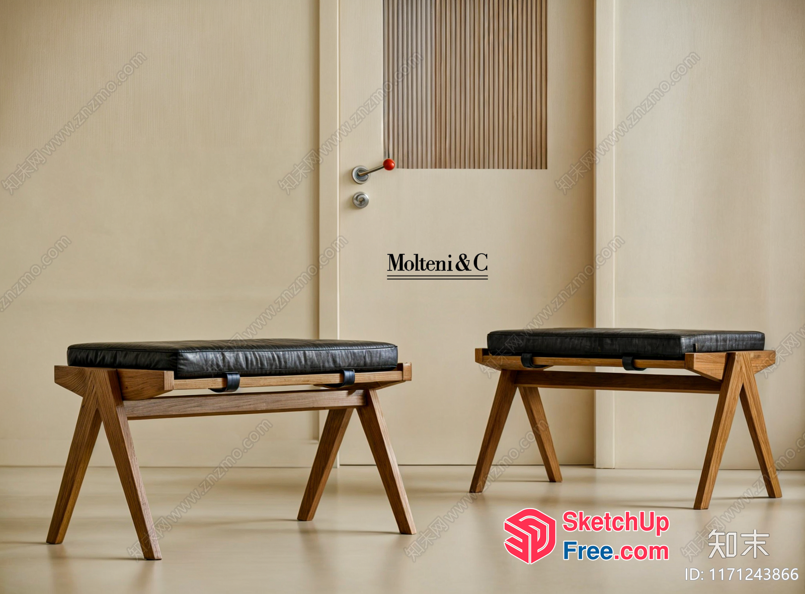 Two Wooden Benches With Black Cushions In A Minimalist Room 3D SketchUp File