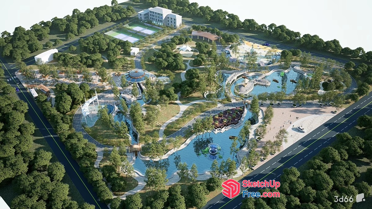 Water Park With Amusement Rides And Restaurants 3D SketchUp File