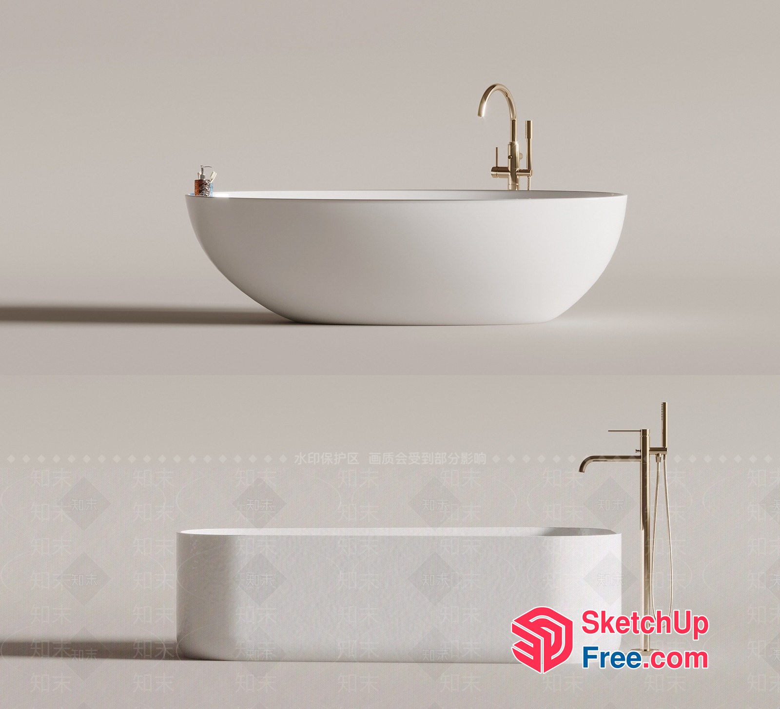 Modern White Bathtub With Gold Faucet 3D SketchUp File