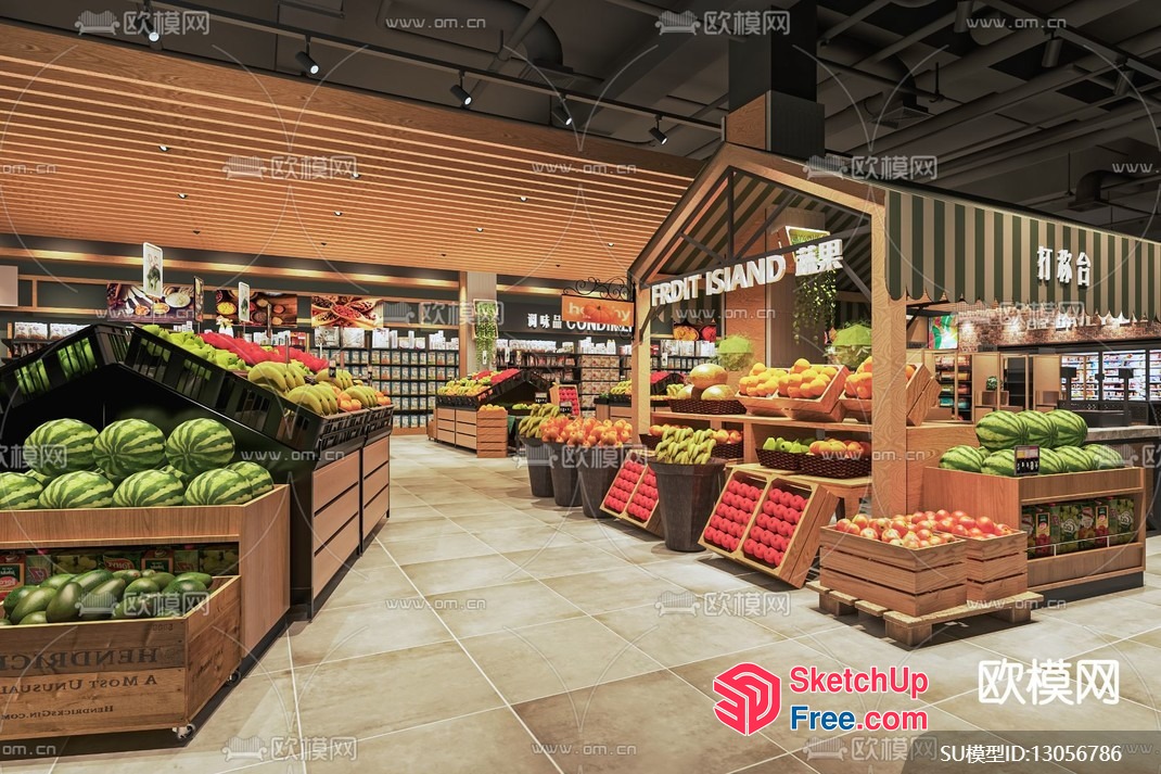 Fresh Produce Display In Modern Supermarket 3D SketchUp File