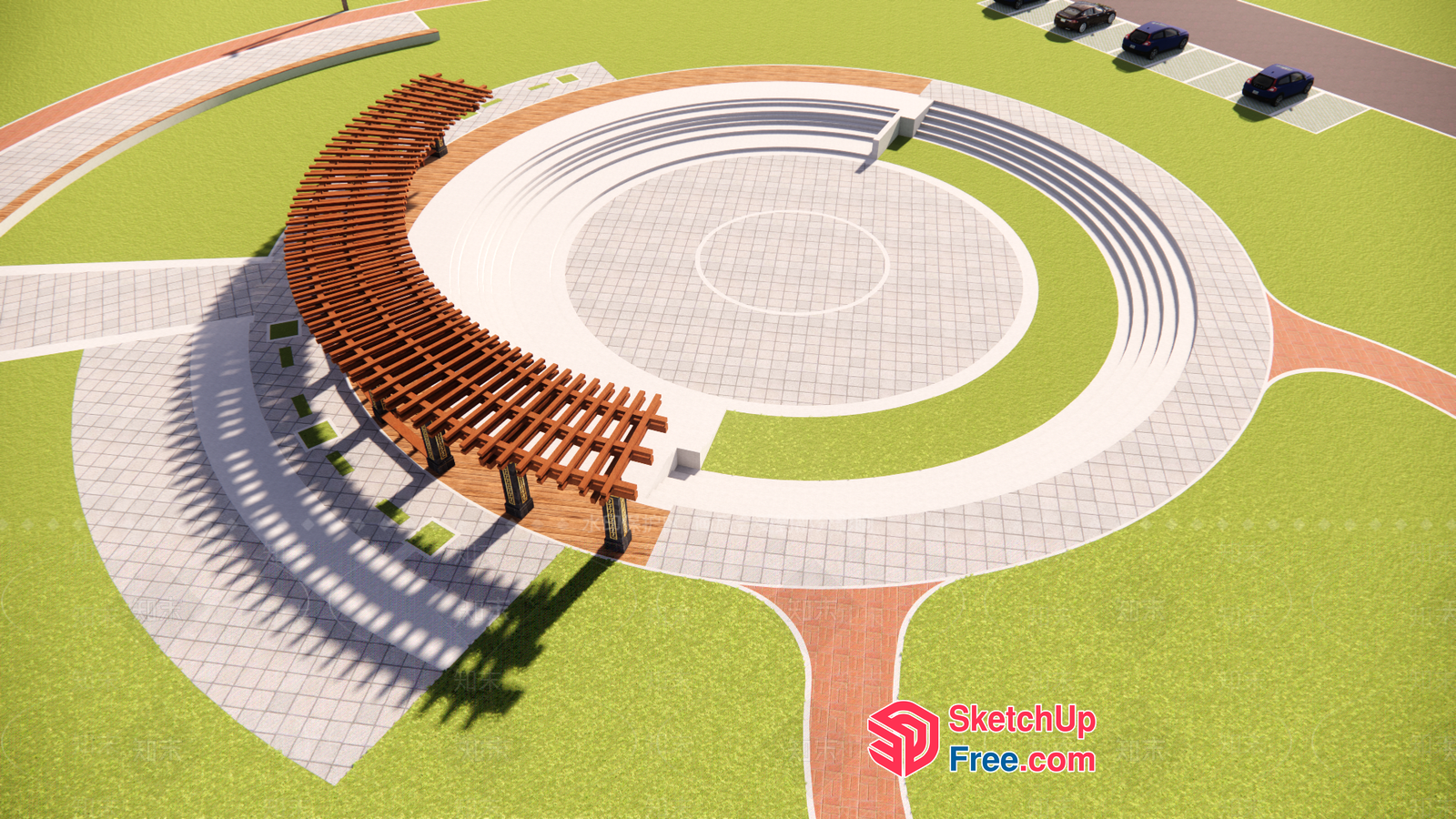 Circular Outdoor Stage With Wooden Pergola 3D SketchUp File