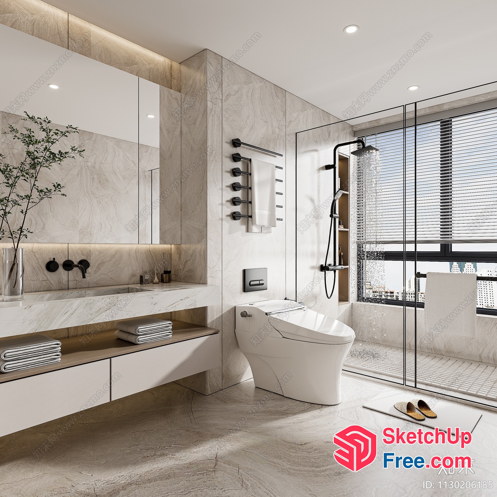 Modern Bathroom With Marble Accents And City View 3D SketchUp File