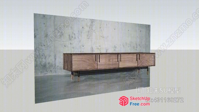 Long Wooden Cabinet Against Concrete Wall 3D SketchUp File
