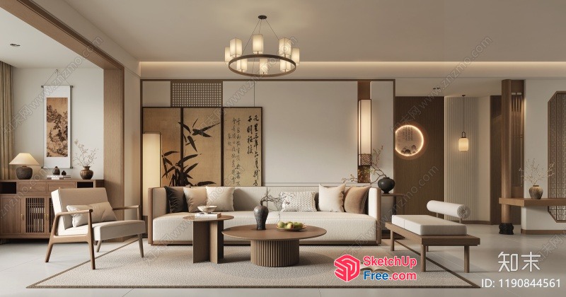 Elegant Minimalist Japanese Living Room 3D SketchUp File