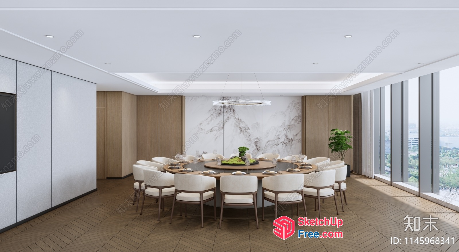 Modern Dining Room With Large Round Table And White Chairs 3D SketchUp File