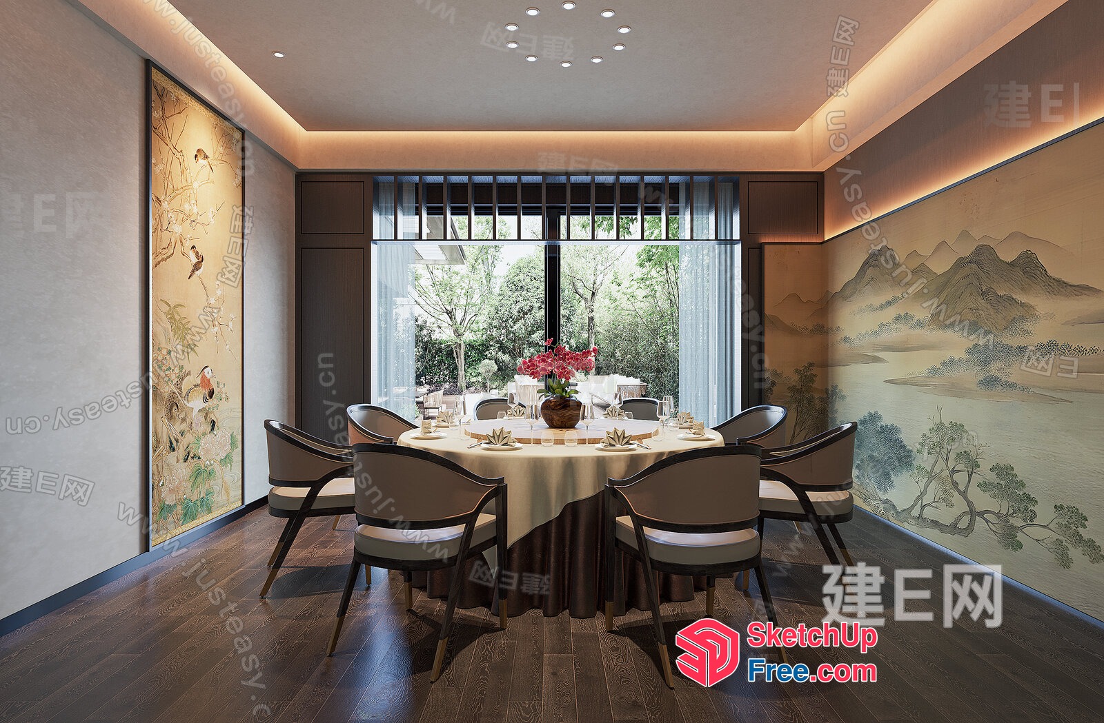 Elegant Dining Room With Asian-Inspired Artwork And Natural Light 3D SketchUp File